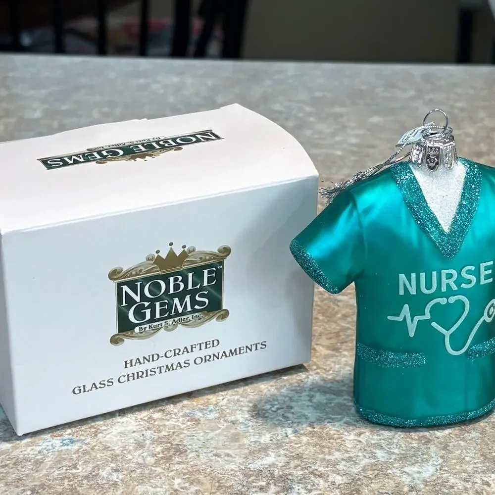 Kurt Adler Noble Gems Nurse Teal Glitter Scrubs Shirt Glass Ornament